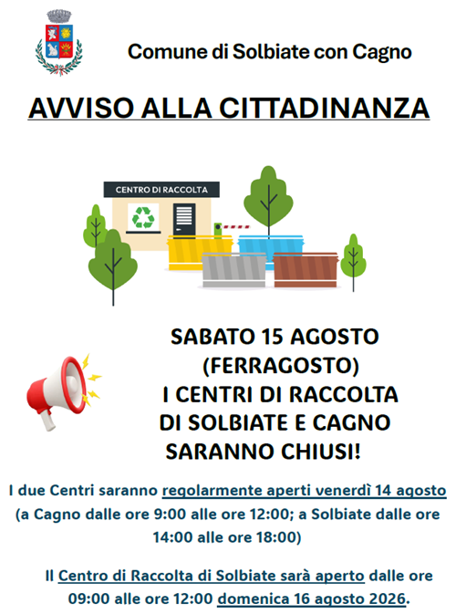 Sabato 15 agosto (Ferragosto) i Centri di raccolta saranno chiusi